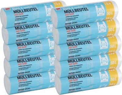 Produktbild von Famanu Abfallbeutel 50 Liter - 150 Stück, reißfest und wasserdicht mit Tragegriff (10-Pack)