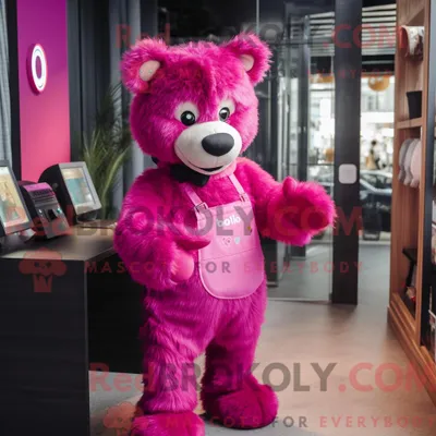 Produktbild von Magenta REDBROKOLY Bär Maskottchen Kostüm Charakter bekleidet mit Latzhose und Ohrringen