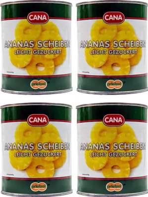 Produktbild von CANA Ananas Scheiben Ringe leicht gezuckert 4 Dosen Füll 825g ATG 490g