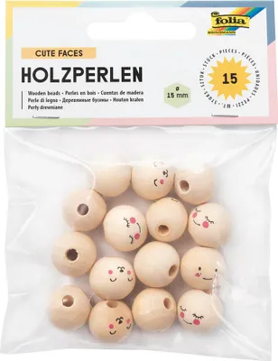 Produktbild von folia Holzperlen CUTE FACES rund 15 Stück