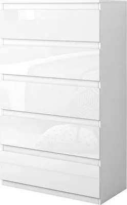 A white, high-gloss chest of drawers with five drawers.