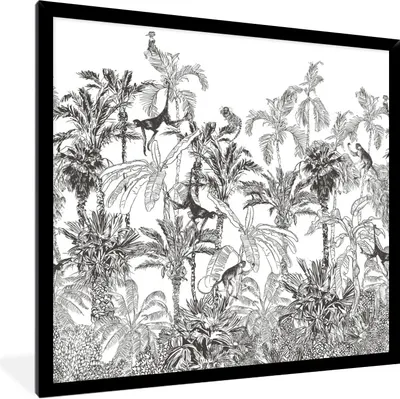 Produktbild von MuchoWow® Gerahmtes Poster Dschungel - Tiere - Schwarz - Weiß 40x40 cm - Poster mit Schwarzem Bilderrahmen Wandposter Rahmen Foto Bilder - Mit Rahmen - Wanddekoration Schlafzimmer