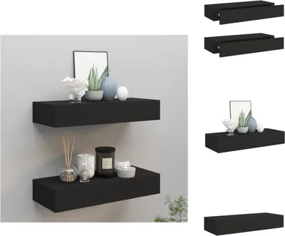 Two black floating shelves mounted on a light gray wall, decorated with various items.