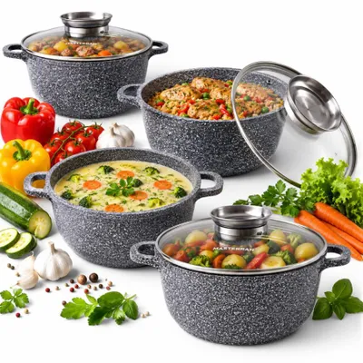 Produktbild von 8-teiliges Topfset | mit marmorierter Beschichtung | 1,5/2,5/4,5/6,8L Kochtopf| Silikongriffe | mit Deckel | Antihaftbeschichtung | Induktion | ideal als Geschenk | für alle Herdarten | MP2150