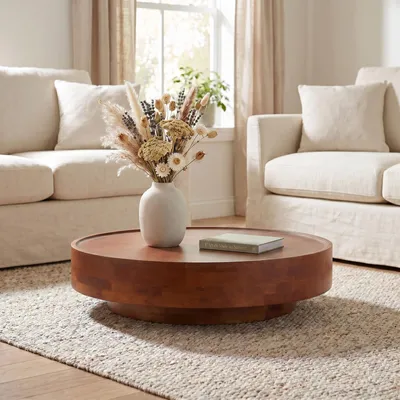 Produktbild von Couchtisch TIBET rund 110 cm aus Mangoholz, Dunkelbraun – massiver Wohnzimmertisch mit natürlicher Holzmaserung, Coffee Table aus Massivholz, Beistelltisch mit Blockholzoptik und bodennahem Design