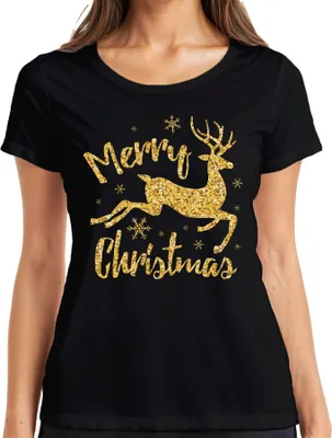 Produktbild von Merry Christmas Rentier Glitzereffekt - Weihnachten Weihnachtsgeschenk Christmas Damen T-Shirt, Schwarz, S