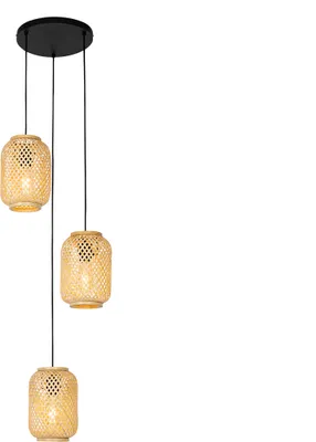 Produktbild von QAZQA - Orientalisch Orientalische Hängelampe I Pendellampe I Pendelleuchte Bambus 3-flammig - Yvonne I Wohnzimmer I Schlafzimmer - Bamboo Rund - LED geeignet E27