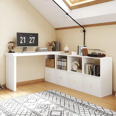 Produktbild von Ecktisch Schreibtisch 360 Grad Schwenkbar L Form Gerade Aufstellbar MDF 4 Fächer 4 Schubladen Tischplatte Beine 4 cm Verstärkt Weiß