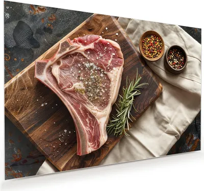 Produktbild von Glasbild 75x50cm in XXL für Wohnzimmer, Schlafzimmer Motiv Steakauf Holzbrett