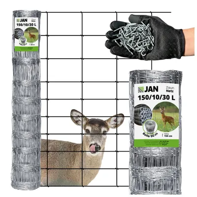 A roll of wire fencing is shown next to a deer behind the fence, with a hand holding fasteners in the upper right corner.