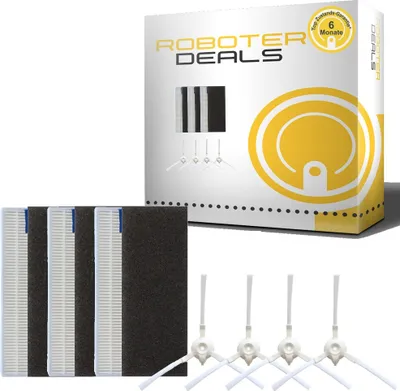 A product box and accessories for a robot vacuum cleaner.