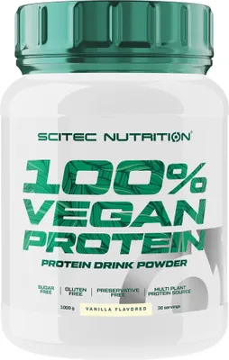 A white plastic container of SCITEC Nutrition 100% Vegan Protein powder with green text and a teal lid.