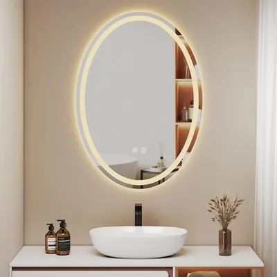 Produktbild von EMKE Badspiegel 50x70 cm Badezimmerspiegel mit 3 Lichtfarbe, Badspiegel mit beschlagfrei + dimmbar + Touchschalter Oval LED spiegel
