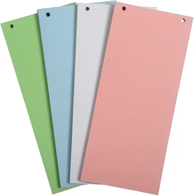 Produktbild von Exacompta 100er Pack Trennstreifen Karton 10,5 x 24 cm farbig sortiert für eine übersichtliche Ablage Ihrer Dokumente. Trennlaschen Trennblätter Ordner Register Blauer Engel