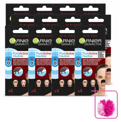 Produktbild von 12 x Garnier Pure Active Anti-Mitesser-Strips - Aktivkohle - Nase, Stirn & Kinn - Sparpackung - 12 Stücke