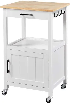 Obrázok produktu pre Furnibellaa - Kuchynský vozík na kolieskach, servírovací vozík so skrinkou a policou, drevená pracovná doska, vozík 55 x 45 x 89 cm, kuchynský vozík vo vidieckom štýle, biely