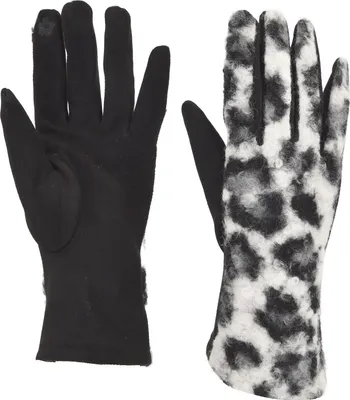 Produktbild von styleBREAKER Damen Touchscreen Handschuhe mit Leoparden Muster und Teddyplüsch | Warme Winter Fingerhandschuhe | Weiche Smartphone Handschuhe