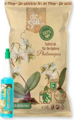 Immagine prodotto di Pacchetto Dr.Soil per la cura delle orchidee Phalaenopsis con substrato naturale con corteccia di pino per Phalaenopsis e additivo per l'irrigazione delle orchidee in flacone