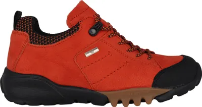 A side view of an orange hiking shoe against a white background.