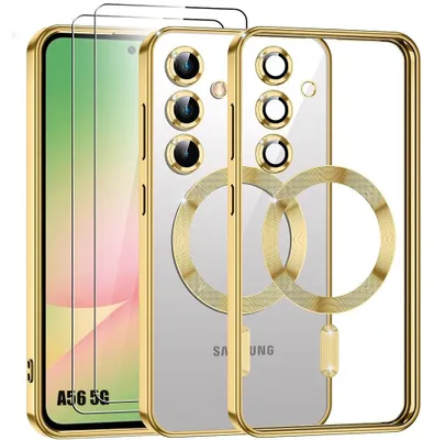 Image de Coque + 2 Verres Trempés pour Samsung Galaxy A56 5G avec Anneau Magnétique Protection Caméra - Doré