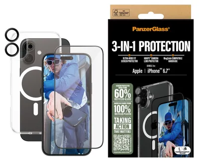 Obrázok produktu pre PanzerGlass ® 3-in-1 Protection Bundle iPhone 16 Plus, Apple, Apple - iPhone 16 Plus, Suché aplikovanie, Odolné proti poškriabaniu, Odolný proti nárazom, Priehľadná, 1 kusov