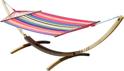 Produktbild von ALEOS. 400cm XXL Hängemattengestell Gestell aus Holz Lärche hell mit Stab Hängematte Rojo 120x200 cm