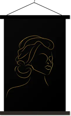 Produktbild von MuchoWow® Textilposter Frau - Schwarz - Gold - Strichzeichnung 40x60 cm mit schwarzem Rahmen - Wanddekorationen