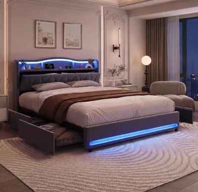 Produktbild von UnboxG Polsterbett 140x200cm mit Ladefunktion und LED, Jugendbett Doppelbett mit 4 Schubladen, Stauraumbett Massivholzbett mit Lattenrost, Samt, Grau