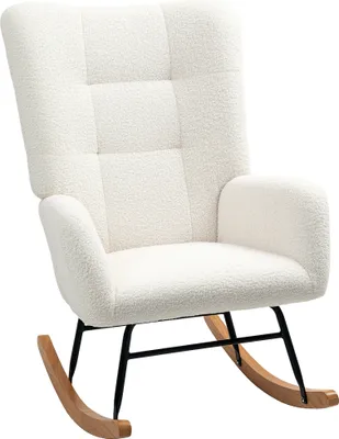 A white teddy velvet rocking chair with black metal legs and wooden rockers, shown from the front.
