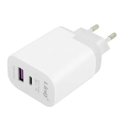 Immagine prodotto di Caricatore doppio USB + USB-C, ricarica rapida 3.0 + Power Delivery, LinQ - Bianco