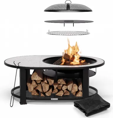 Image de Blumfeldt Merano Circolo L Brasero Exterieur - 3-en-1 Brasero, Barbecue & Table, Plateau Terrazzo, Cadre Acier Robuste, Pare-Étincelles, Grille & Tisonnier Inclus, Idéal Jardin & Terrasse