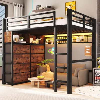 Produktbild von Metall-Hochbett mit 8 Schubladen, Metall-Kinderhochbett, LED-Lichtleiste, Regalen, Lochwand & Stauraum, Schwarz, 140x200cm