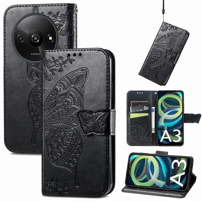 Produktbild von Für Xiaomi Redmi A3 Kunstleder Wallet Handy Tasche Schmetterling Design Hülle Etuis Schwarz