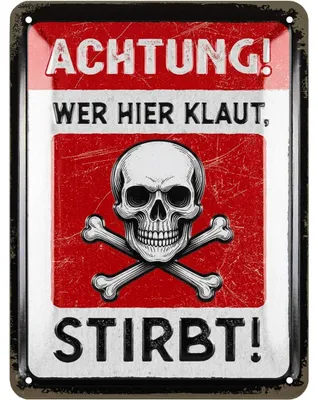 Produktbild von LANOLU retro Blechschild Achtung wer klaut stirbt, lustiges Sprüche Schild aus Metall- geprägt und gestanzt, Deko für Garage 15x20 cm