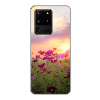 Produktbild von MuchoWow® Handyhülle Schutzhülle Hülle für Samsung Galaxy S20 Ultra Sonnenuntergang - Blumen - Rosa - Natur - Grün Silikon Softcase Handy Hülle - Karteninhaber