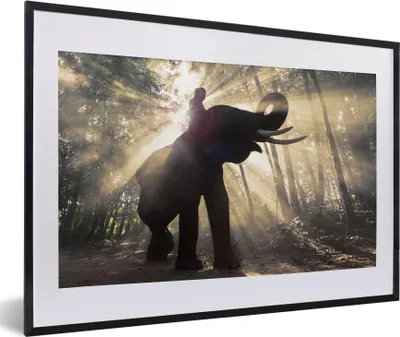 Produktbild von MuchoWow® MuchoWow® Gerahmtes Poster Elefant mit Person in hellem Sonnenlicht 60x40 cm - Poster mit zchwarzem Bilderrahmen - Schlafzimmer - Plakat in Rahmen - Drucken