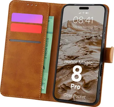 Produktbild von Handyhülle mit Klappe für Honor Magic8 Pro, Bizon Case Pocket, Braun