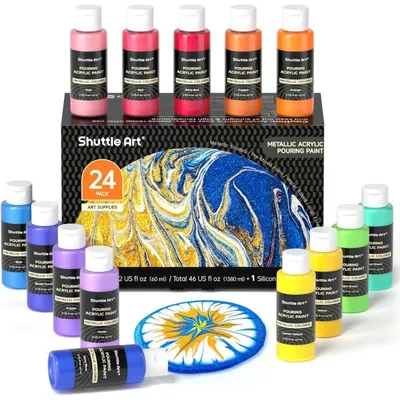 Produktbild von Metallic Pouring Acrylfarben Set 24 Stück 60 ml mit Silikonöl vorgemischt für Leinwand Holz Stein Papier