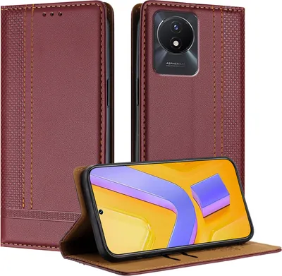 Produktbild von Handyhülle für Vivo Y11 2023 Leder Flip Klappbare Schutzhülle mit Standfunktion Dunkelrot