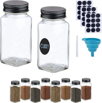 Produktbild von Famanu Kräuterbehälter Set 10 Stück, mit Etiketten und Trichter, 120 ml, Glas, transparent/schwarz