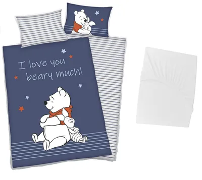 Produktbild von 3 tlg Baby Bettwäsche Set - Winnie Pooh Love You Beary Much - Renforcé - 40x60 100x135 cm + 1 Spannbettlaken weiß 60x120 - 70x140 cm