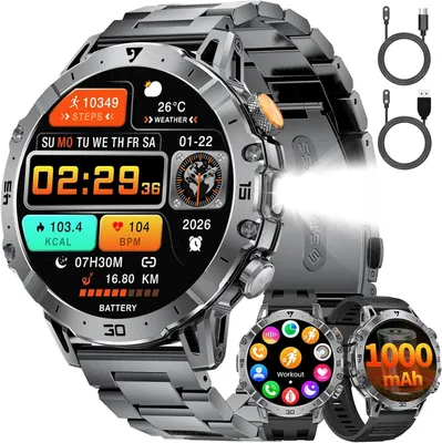 Produktbild von LIGE Smartwatch Herren Militär, 1000mAH Großer Akku, 1,7”HD Großes Display mit Telefonfunktion, LED Taschenlampe Fitnessuhr mit 110+ Sportmodi, Herz-/Schlaftracking,IP68 Sportuhr iOS/Android,Grau