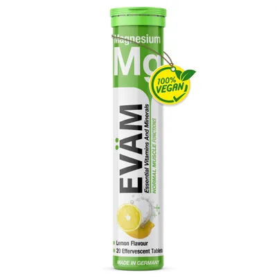 Produktbild von Magnesium 375 mg Brausetabletten 20 Stück Zitrone – vegan & zuckerfrei – für Muskeln und Nervensystem – EVÄM– Hergestellt in Germany
