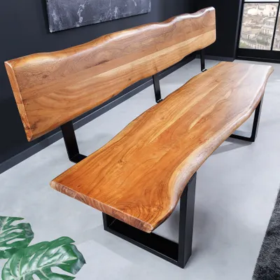 Produktbild von riess-ambiente Massivholz Sitzbank MAMMUT 160cm natur Akazie Baumkante mit Lehne schwarzes Metallgestell