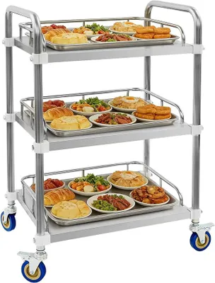 Produktbild von Labor Rollwägen, Servierwagen Edelstahl 3 Böden, Serving Lab Trolley, Transportwagen, Laborwagen, Teewagen, Edelstahl Küchenwagen mit 4 Schwenkbar Rollen 2 Bremse