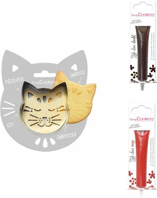 Produktbild von Relief-Kekspackung Katze + 2 Schokoladenstifte braun und rot