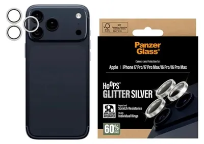 Obrázok produktu pre PanzerGlass ® Hoops® Camera Lens Protector Glitter Silver iPhone 17 Pro | iPhone 17 Pro Max | iPhone 16 Pro | 16 Pro Max, Apple, Apple - iPhone 17 Pro, Apple - iPhone 17 Pro Max, Apple - iPhone 16 Pro, Apple - iPhone 16 Pro Max, Suché aplikovanie, Odolné proti poškriabaniu, Odolný proti nárazom, Strieborná, 1 kusov