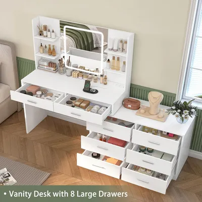 Image de Table de coiffure d'angle avec miroir LED et prise électrique. 8 tiroirs et 6 étagères. Table de maquillage
