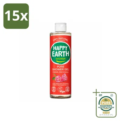 Imagen del producto de 15 unidades de gel de ducha natural "Happy Earth" con aroma floral de pachulí, 100% natural, 300 ml. Pack ahorro