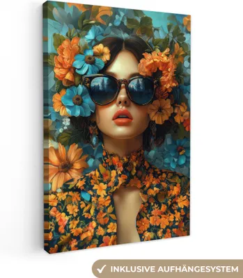 Obrázek produktu pro Dekorace na zeď 40x60 cm - Žena - Květiny - Oranžová - Modrá - Moderní, Obraz na plátně, Malba, Dekorace na zeď